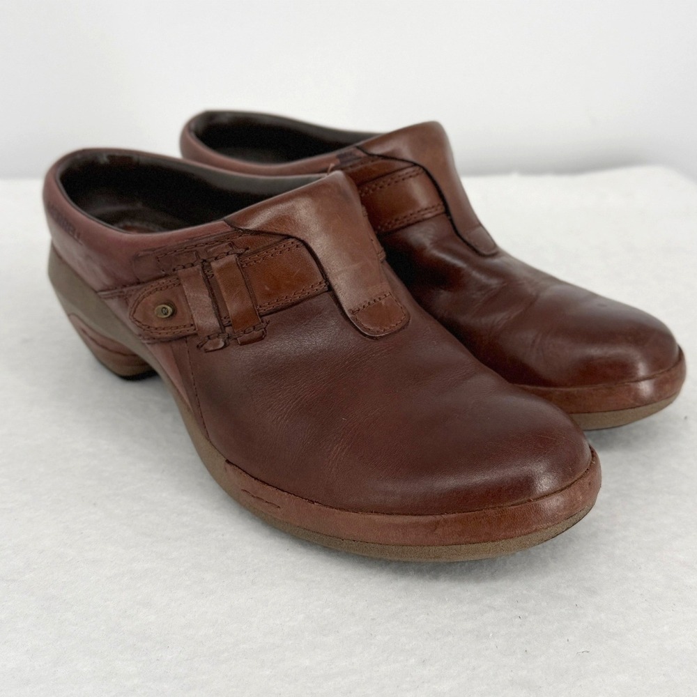Merrell Brown Leather Clogs Women 9 J48518 Slip On Buckle Block Heel Shoes